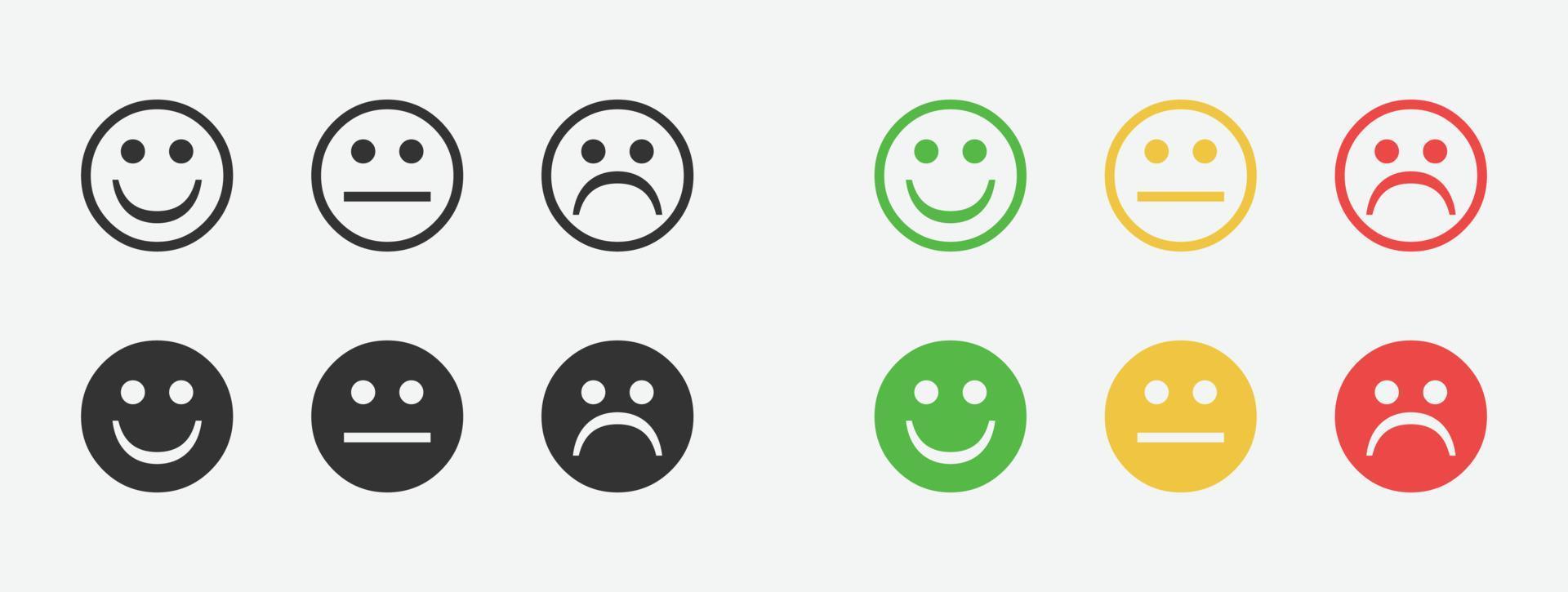 feedback feliz, conjunto de vetores de rosto irritado. rostos positivos, negativos e neutros com um sorriso.