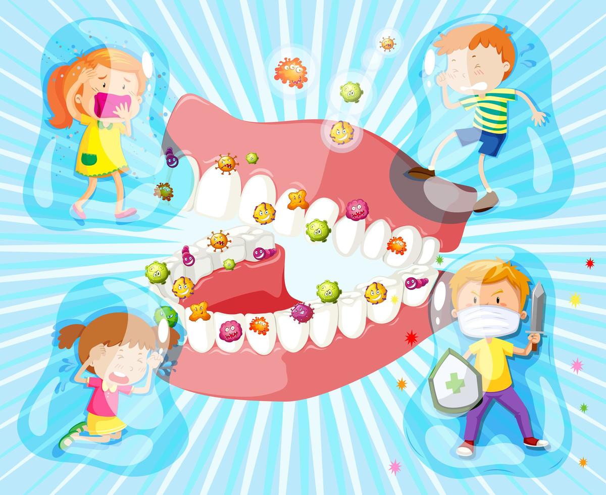crianças em torno da boca aberta com bactérias vetor