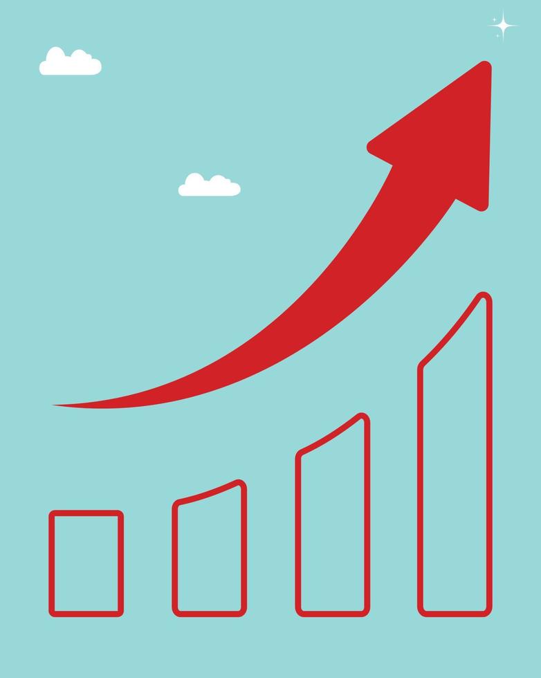 gráfico financeiro abstrato com seta de linha de tendência de alta e gráfico de barras do mercado de ações na cor vermelha com fundo azul vetor