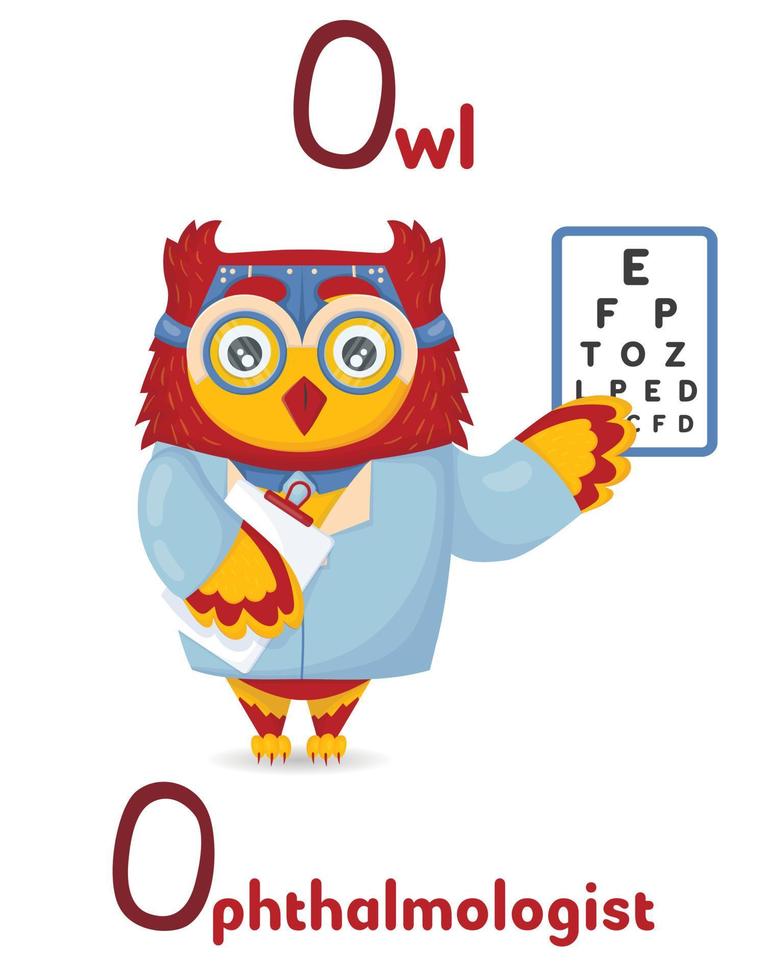 Profissões de animais do alfabeto latino abc começando com oftalmologista letra o coruja em estilo cartoon. vetor