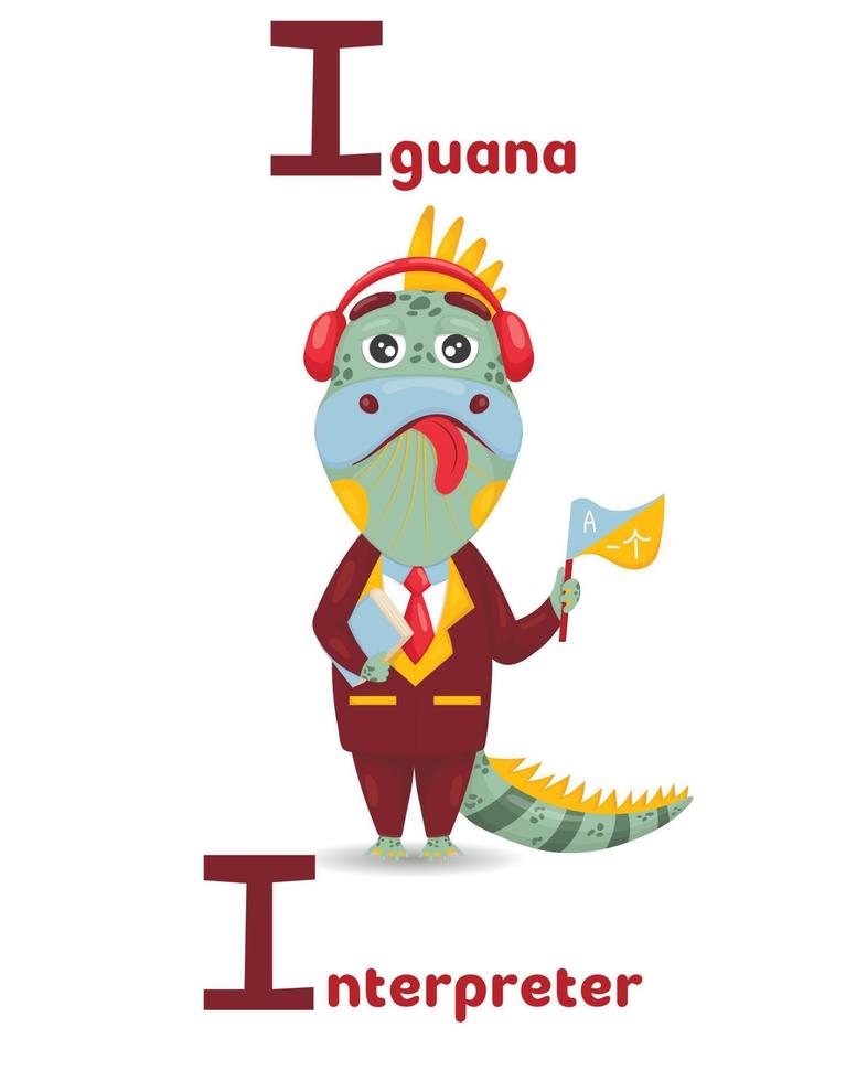 alfabeto latino abc profissões de animais começando com o intérprete de iguana no estilo cartoon. vetor