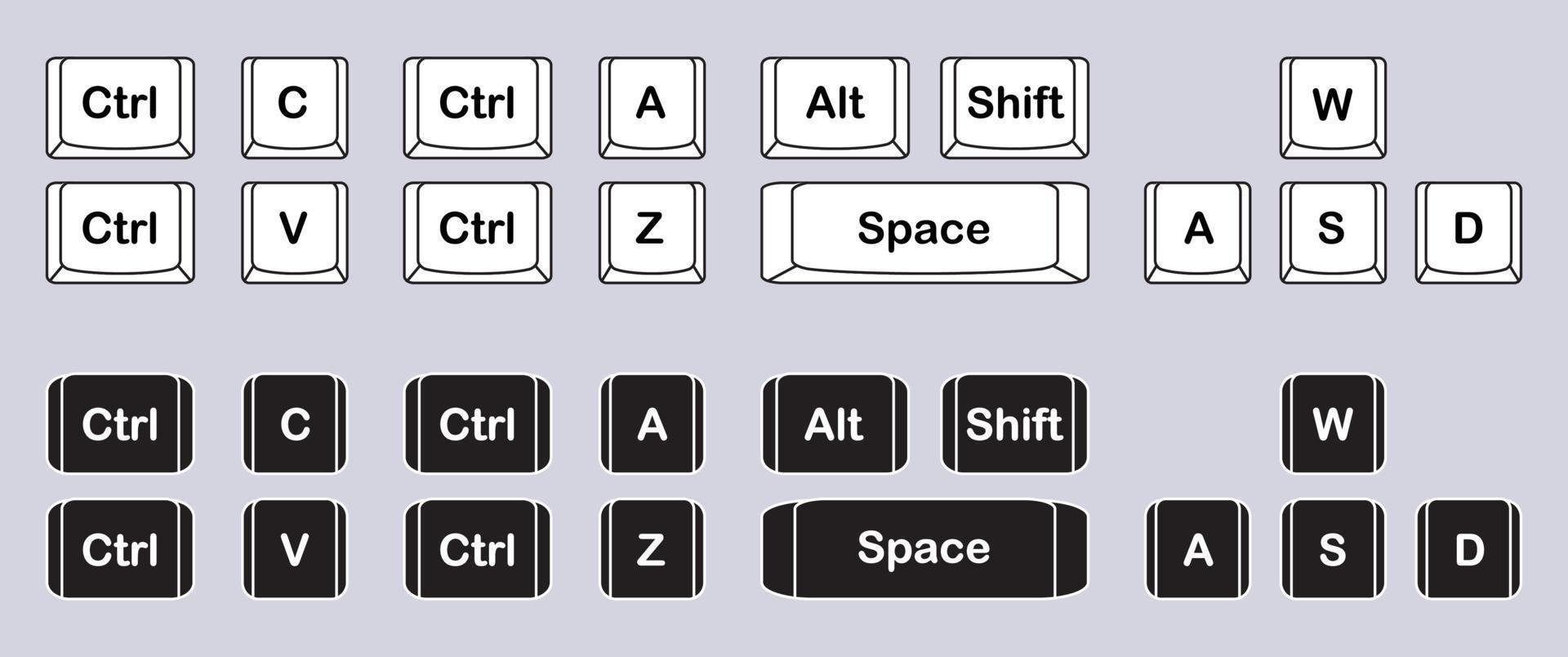 conjunto de combinações de teclas de computador. ícones do conjunto de comandos. conjunto de botões de teclado de computador. ilustrações vetoriais. vetor