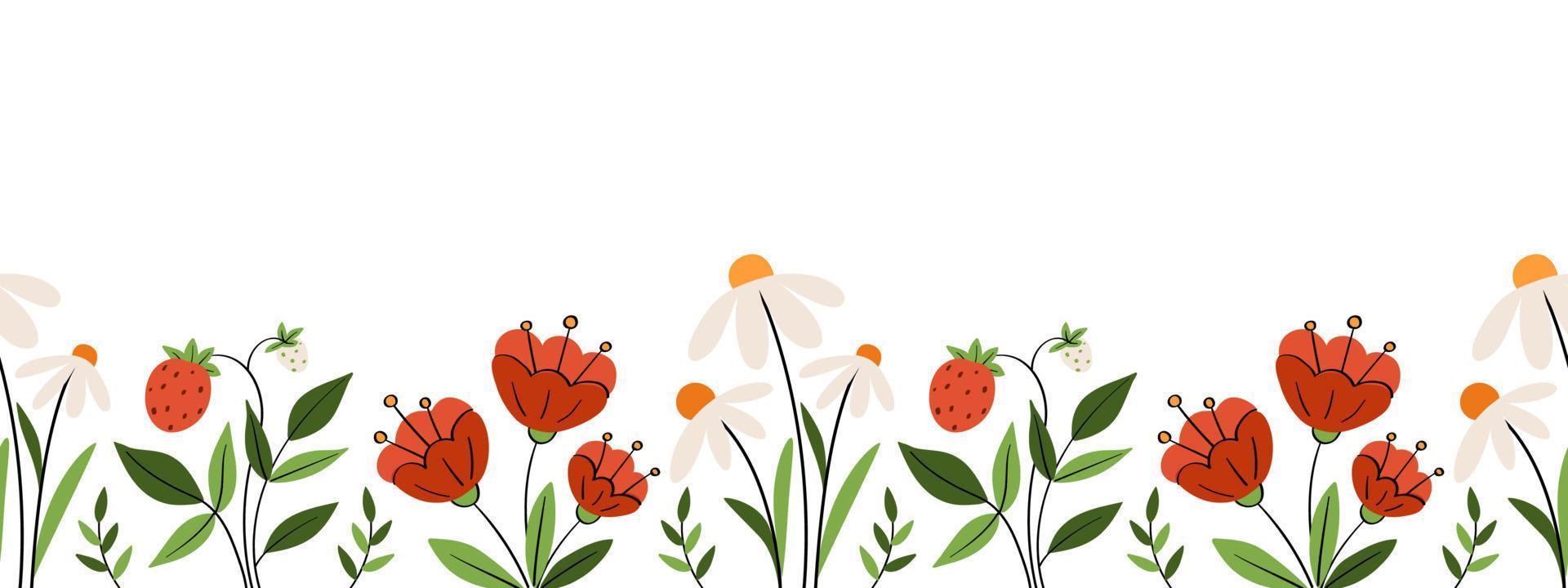 borda floral de verão com papoulas, margaridas e morangos vetor