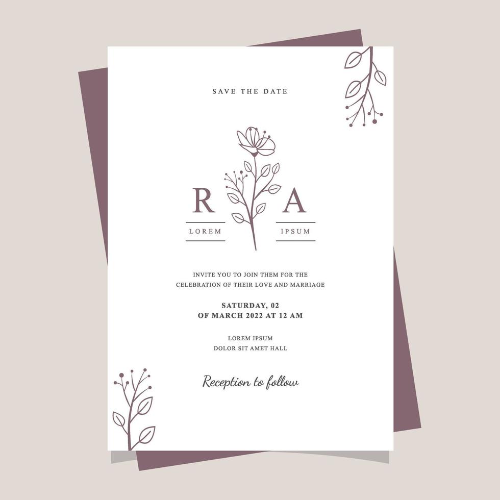 modelo de cartão de convite de casamento de arte de linha floral elegante vetor