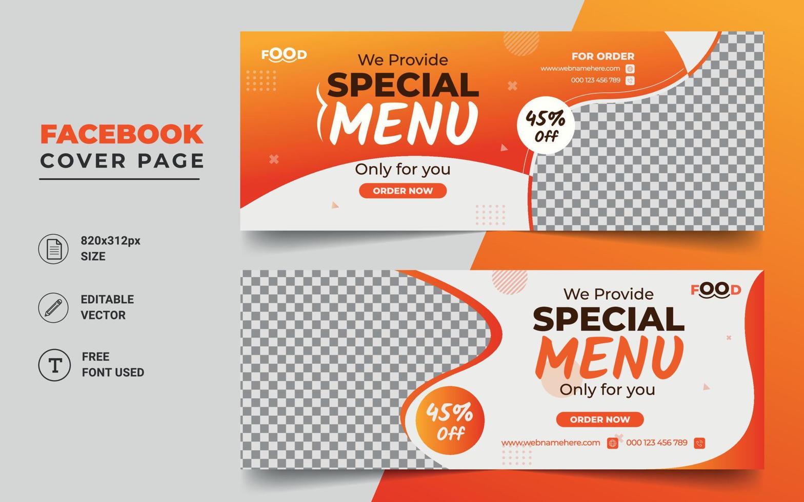 oferta de venda de comida de restaurante página de capa de mídia social linha do tempo design de modelo de banner de anúncio na web vetor