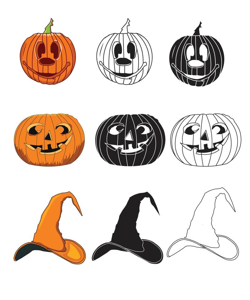 elemento de halloween, abóboras de halloween, ilustração vetorial de conjunto de festa de halloween, chapéu de halloween vetor