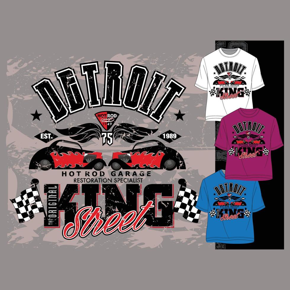 Camiseta estampada king street de manga curta de detroit hotrod garagem especialista em restauração de verão vetor