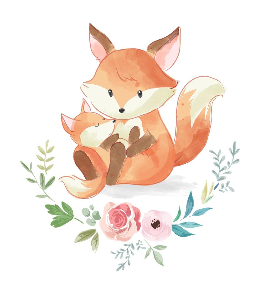 família cute fox com flores vetor