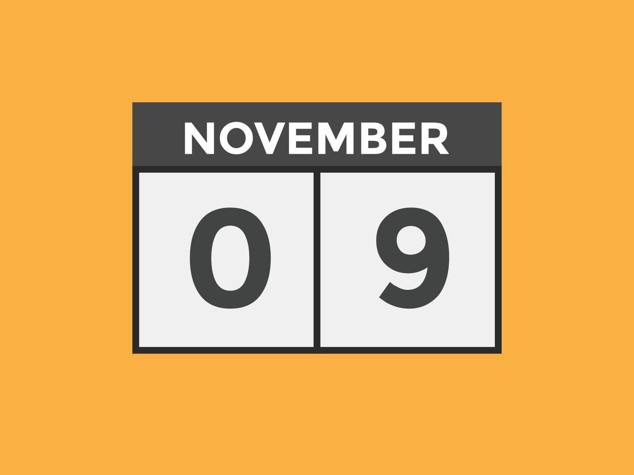 lembrete de calendário de 9 de novembro. 9 de novembro modelo de ícone de calendário diário. modelo de design de ícone de calendário 9 de novembro. ilustração vetorial vetor