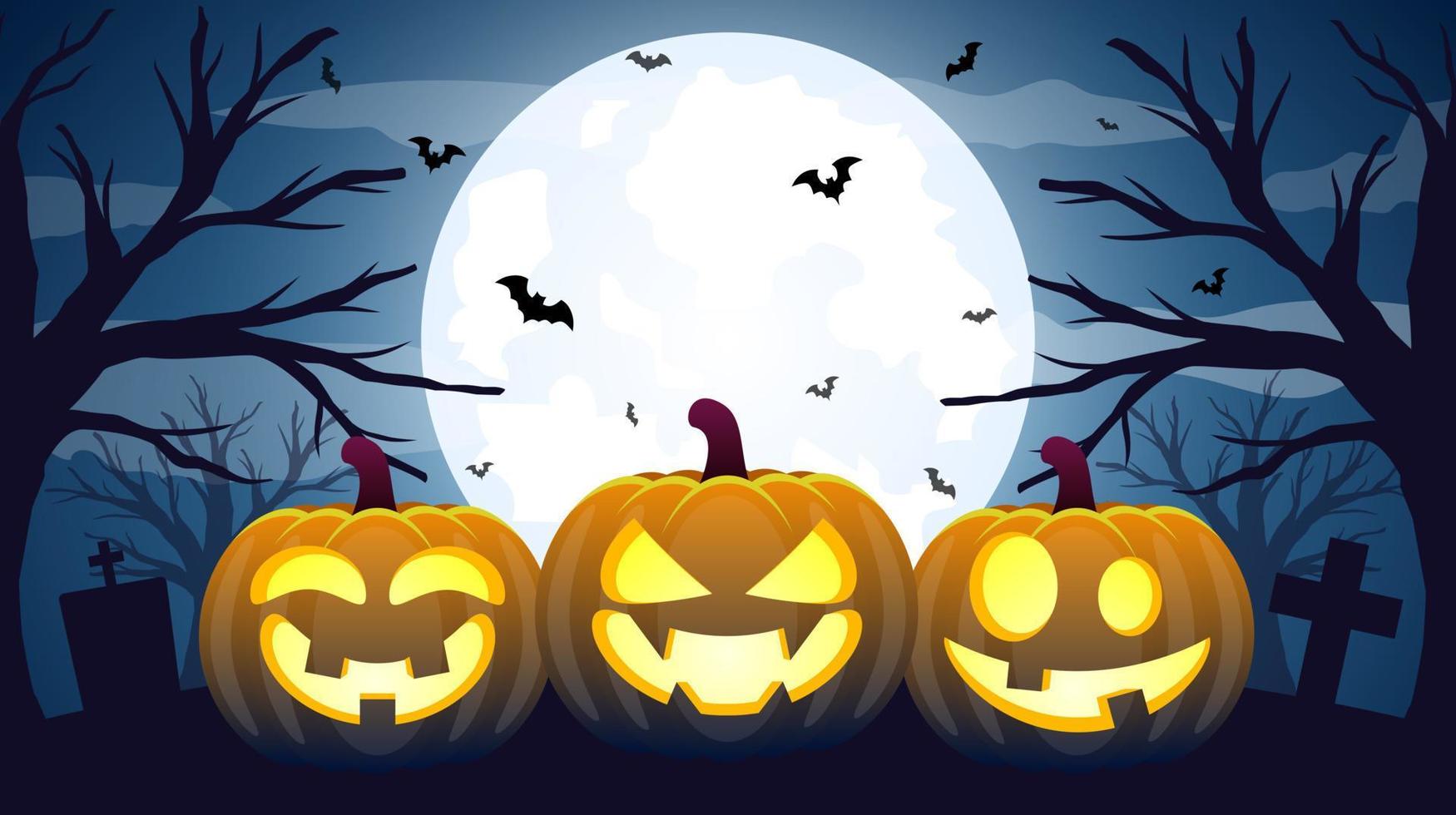vetor de fundo de noite assustadora de halloween. ilustração de halloween com abóboras, morcegos com lua cheia. projeto de banner de festa