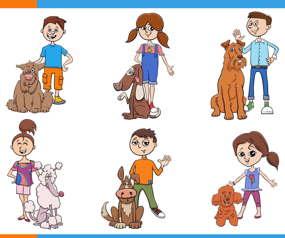 conjunto de personagens de crianças de desenhos animados e seus cães vetor