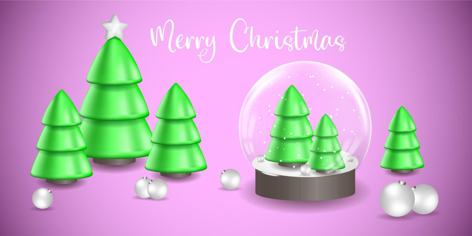 feliz natal, árvores de natal verdes com uma estrela, ilustração vetorial de bola de vidro vetor