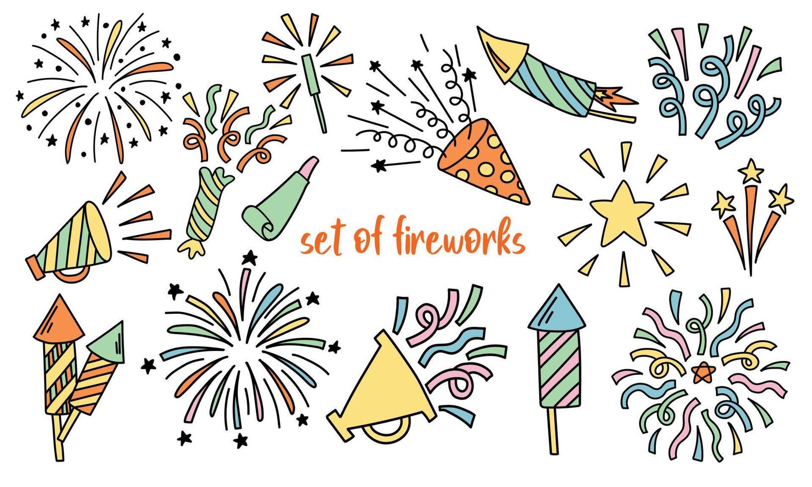 doodle conjunto com fogos de artifício festivos e confetes vetor