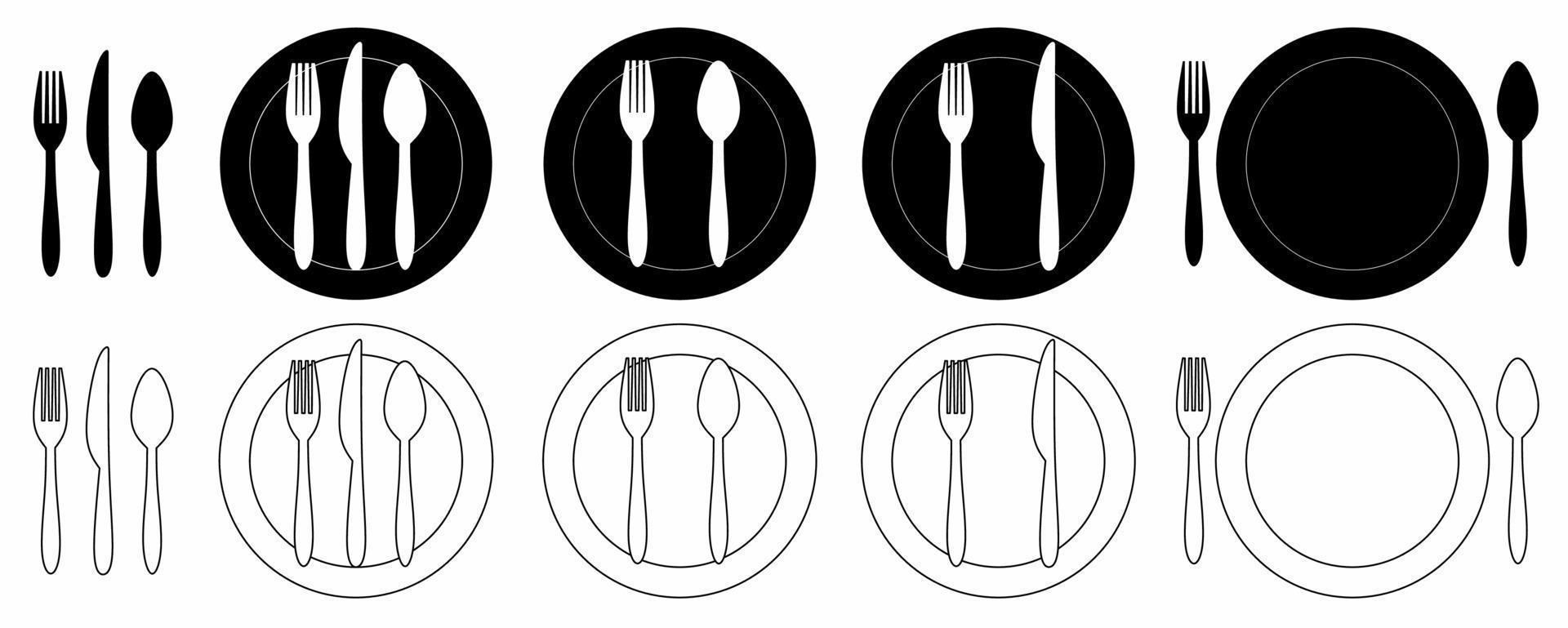 garfo colher faca prato talheres conjunto de ícones isolado no fundo branco vetor