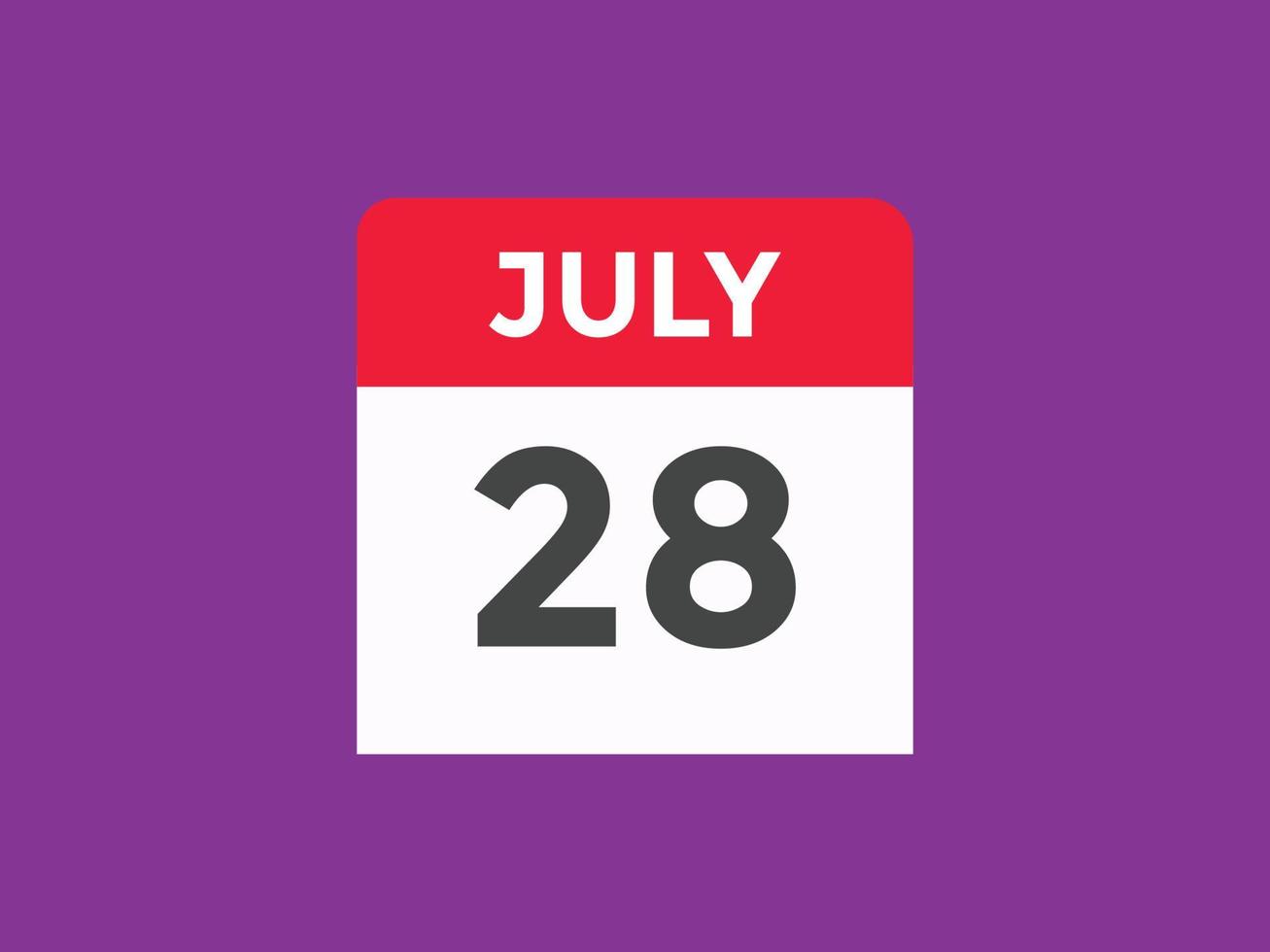 lembrete de calendário de 28 de julho. 28 de julho modelo de ícone de calendário diário. modelo de design de ícone de calendário 28 de julho. ilustração vetorial vetor