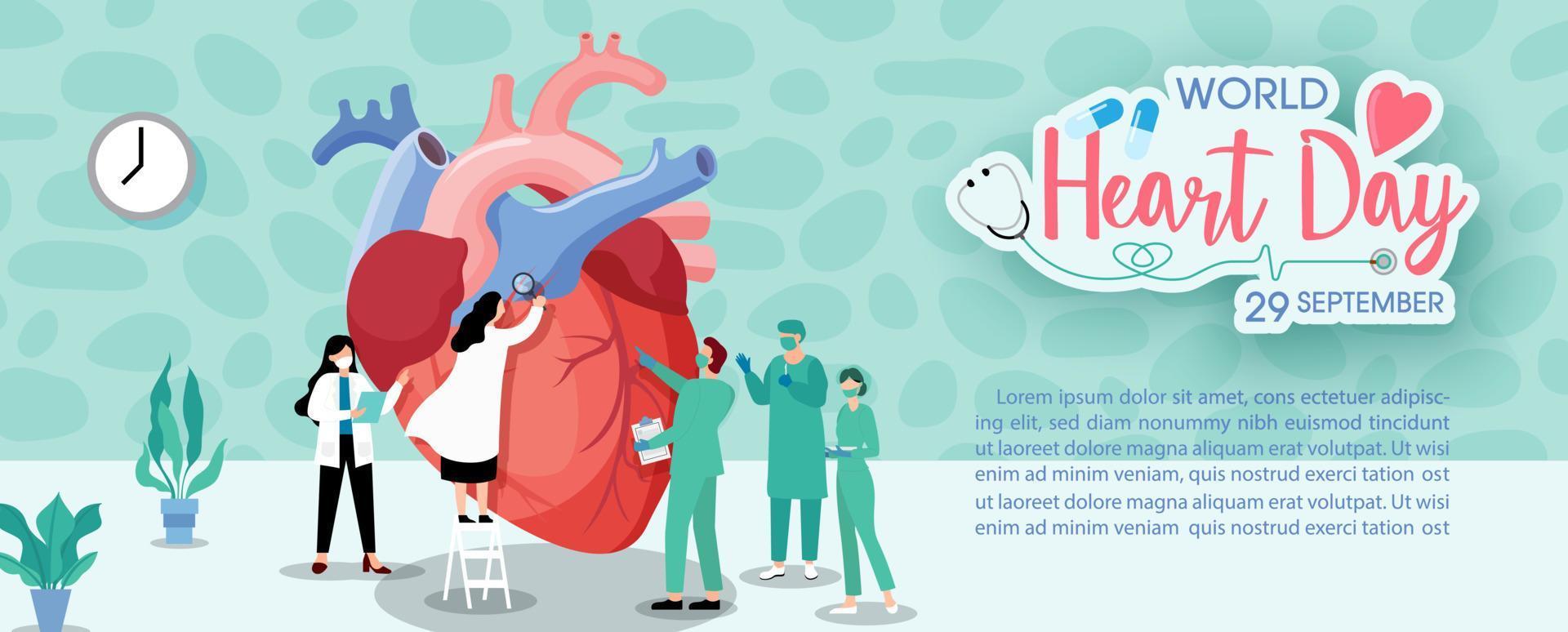 conceito de campanha de cartaz do dia mundial do coração no tratamento de personagens de desenho animado e conscientização sobre cuidados de saúde e design plano em 29 de setembro. vetor