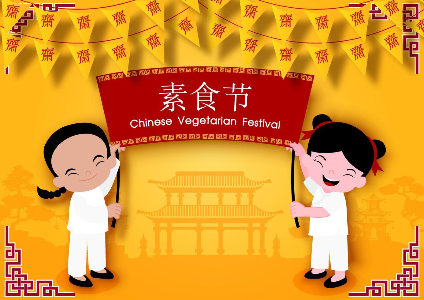 bandeira de triângulo festival vegetariano chinês com crianças segurando banner de evento no edifício antigo chinês e fundo amarelo. letras chinesas significa jejuar para adorar buda em inglês. vetor