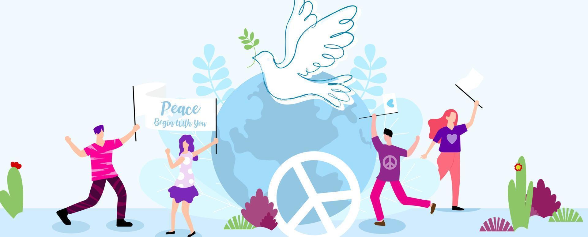 pessoas felizes em personagem de desenho animado com o conceito de ilustração vetorial de banner do dia mundial da paz e pombo branco no globo e fundo azul claro. vetor