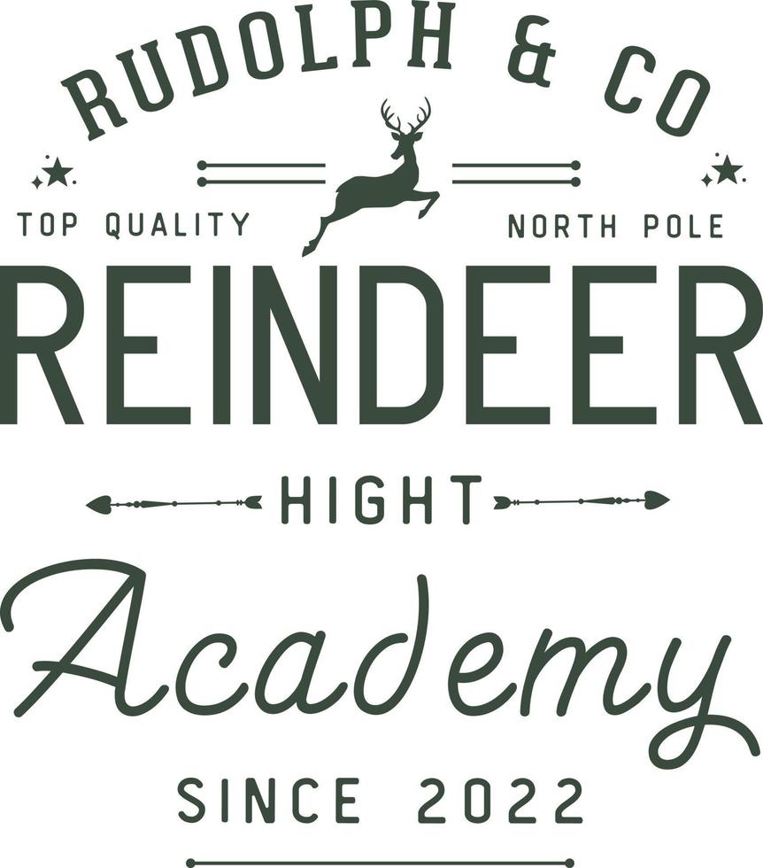 Rudolph e co academia de renas. Natal vintage tipografia retrô rótulos emblemas vector design isolado no fundo branco. ornamentos vintage de férias de inverno, citações, sinais, etiqueta, etiqueta postal