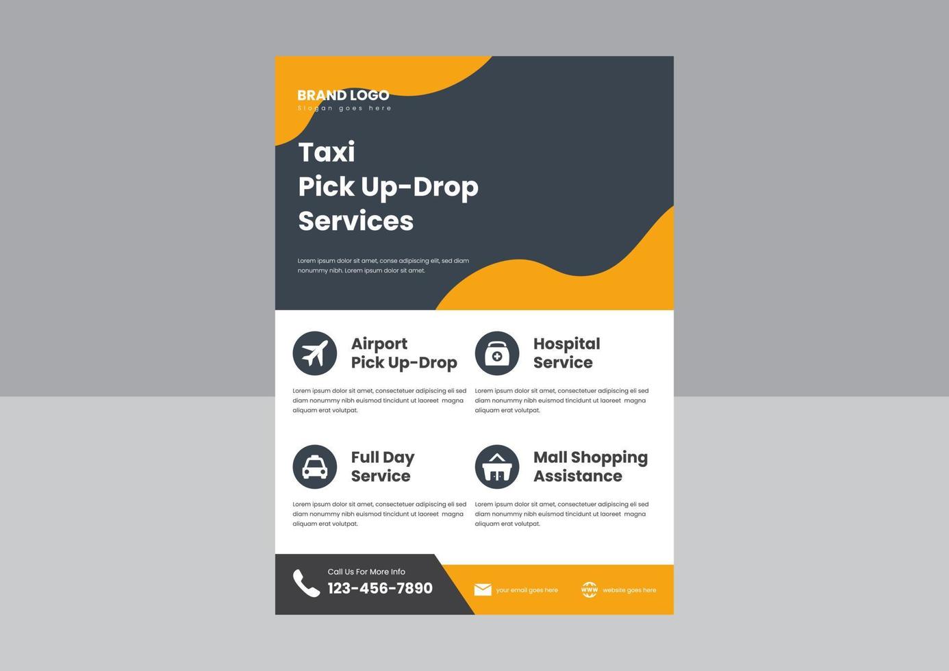design de cartaz de panfleto de serviços de coleta de táxi. serviço de táxi nos chama de design de cartaz de folheto em formato vetorial. vetor