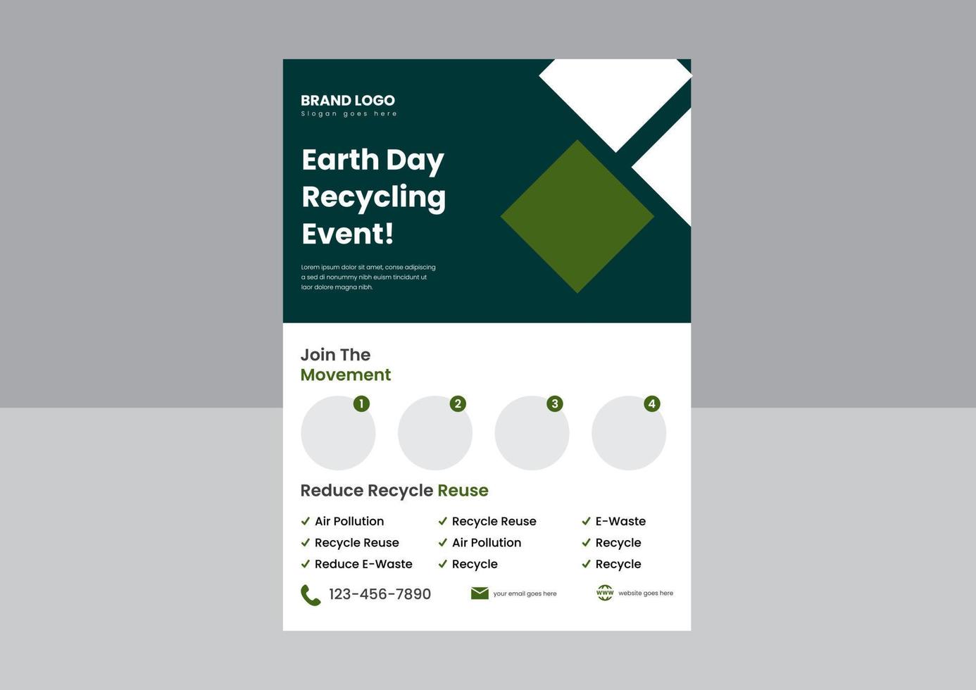 modelo de design de cartaz de panfleto de evento de reciclagem do dia da terra. modelo de design de cartaz de folheto de evento de reciclagem de resíduos grátis. vetor