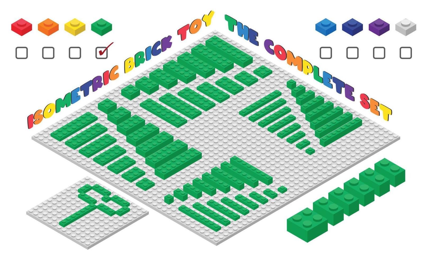 o conjunto completo de brinquedo de tijolo infantil 3d verde em estilo isométrico. blocos de construção de plástico brinquedo ilustração vetorial isolado no branco. design plano de brinquedo de tijolo de construção quadrada. jogo de brinquedos de tijolos de plástico vetor