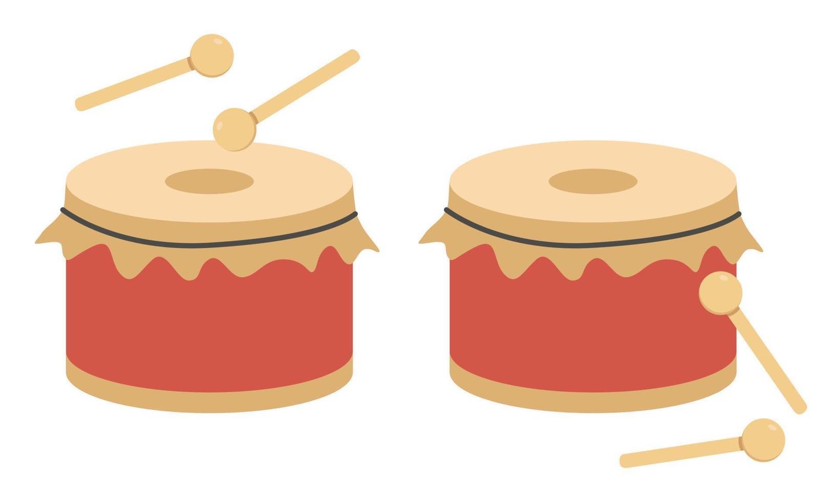 tambor vermelho e design de vetor de baquetas de madeira. ilustração de estilo simples de tambor grande simples isolada no branco. estilo de desenho animado de instrumento musical de família de percussão. conceito de dança do leão chinês