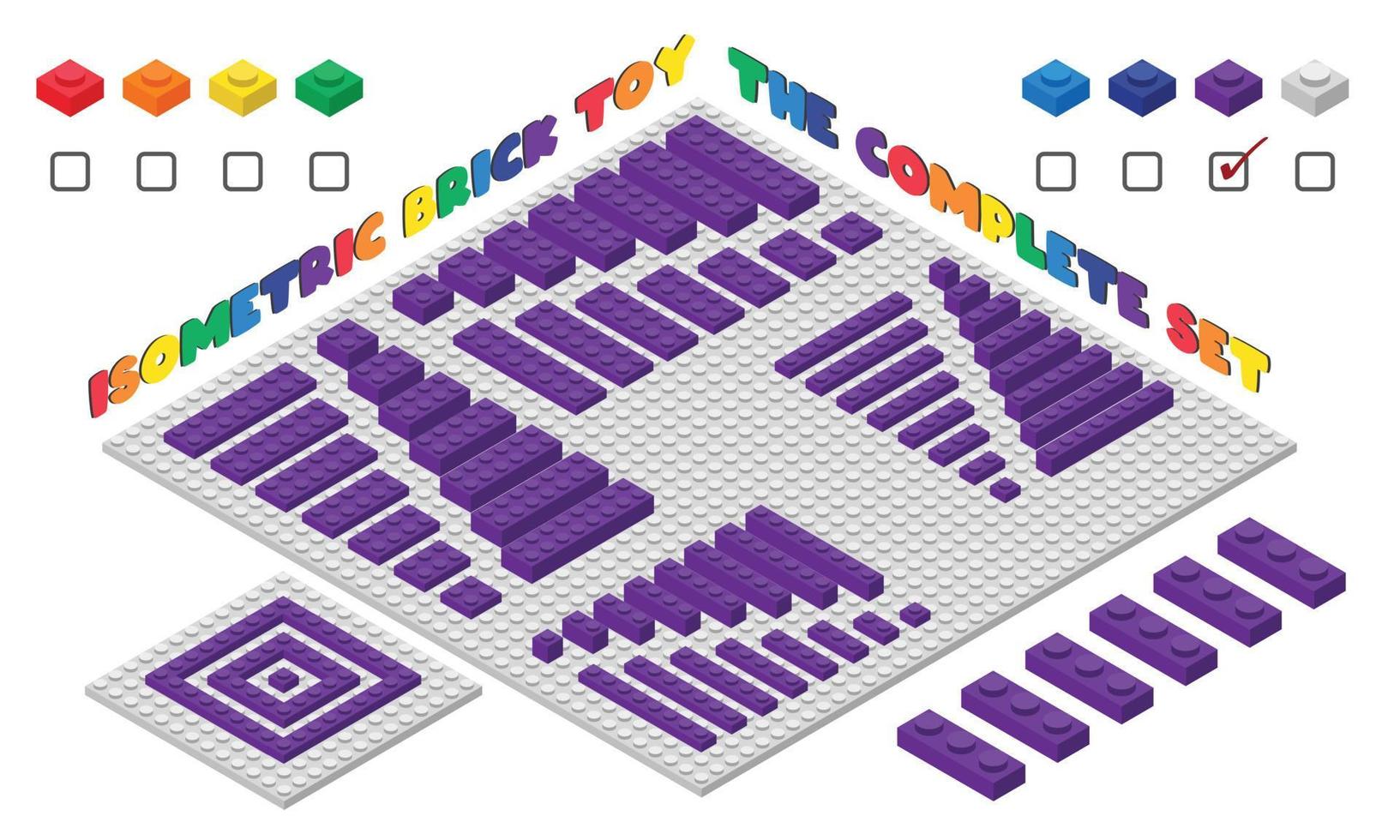 o conjunto completo de brinquedo de tijolo infantil 3d roxo em estilo isométrico. blocos de construção de plástico brinquedo ilustração vetorial isolado no branco. design plano de brinquedo de tijolo de construção quadrada. jogo de brinquedos de tijolos de plástico vetor