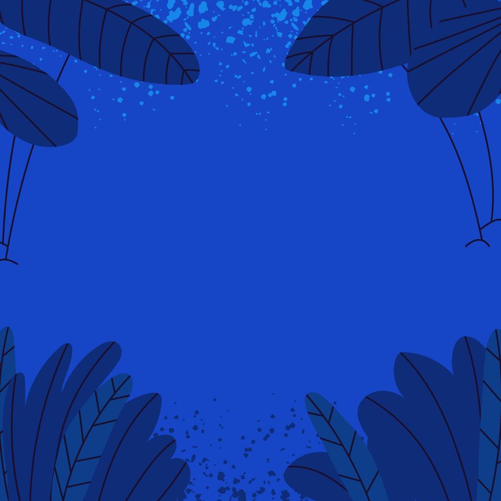 fundo azul com palmeiras e plantas. uma moldura quadrada azul com um ponto vazio no centro. ilustração em vetor estoque de paisagem de noite simples dos desenhos animados.