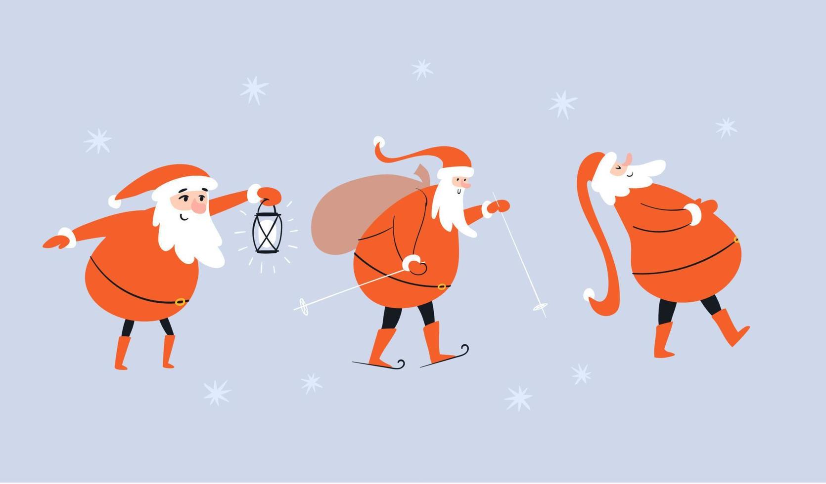 desenhado conjunto papai noel isolado. personagens de desenhos animados fofos papai noel com presentes, com uma lanterna e esqui. ilustração em vetor de pessoas de Natal em um fundo azul com estrelas.
