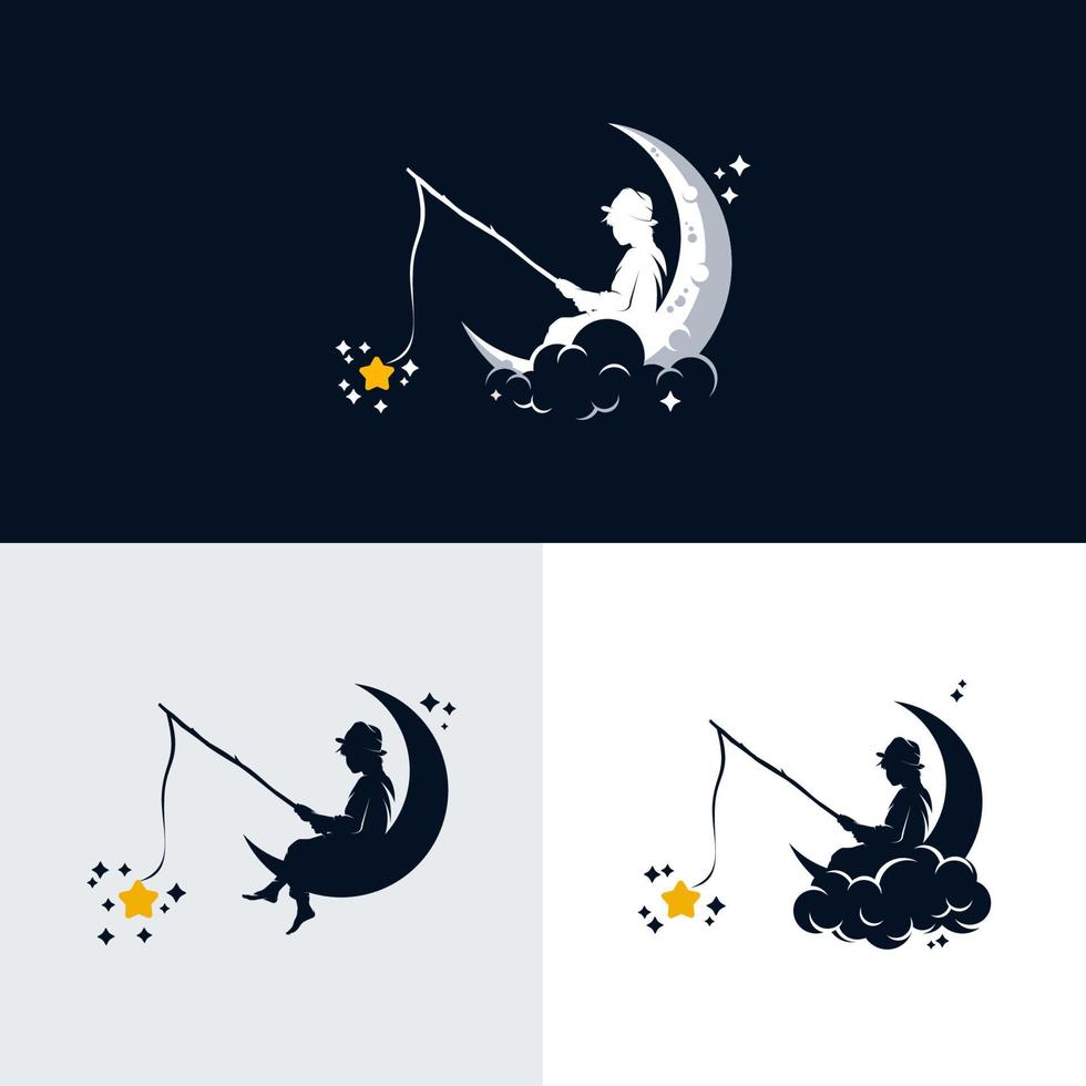 garotinho pescando estrelas na lua vetor