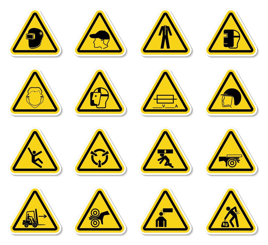 sinais de aviso e perigos industriais ícone amarelo conjunto de etiquetas vetor