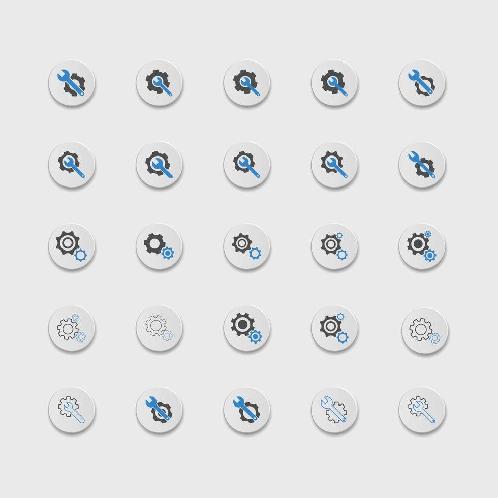 conjunto de ilustração vetorial de conjunto de ícones de engrenagem e chave inglesa. pacote de ícones de ferramentas de serviço para interface do usuário, mídia social, site isolado no fundo branco. estilo simples do ícone de configurações. vetor