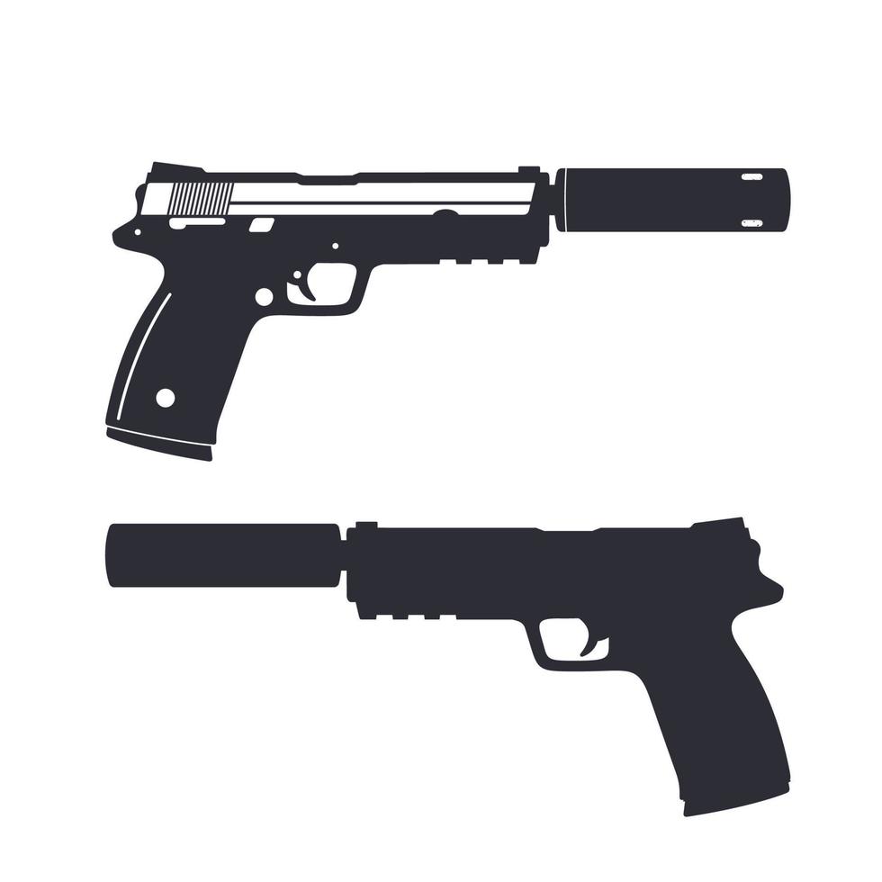 pistola moderna com silenciador, silhueta de revólver, arma isolada em branco, ilustração vetorial vetor