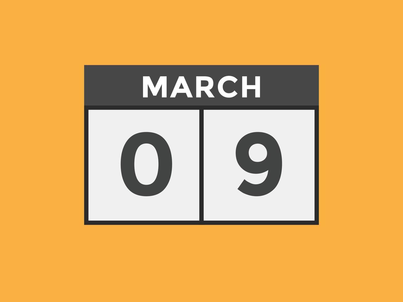 lembrete de calendário de 9 de março. 9 de março modelo de ícone de calendário diário. modelo de design de ícone de calendário 9 de março. ilustração vetorial vetor