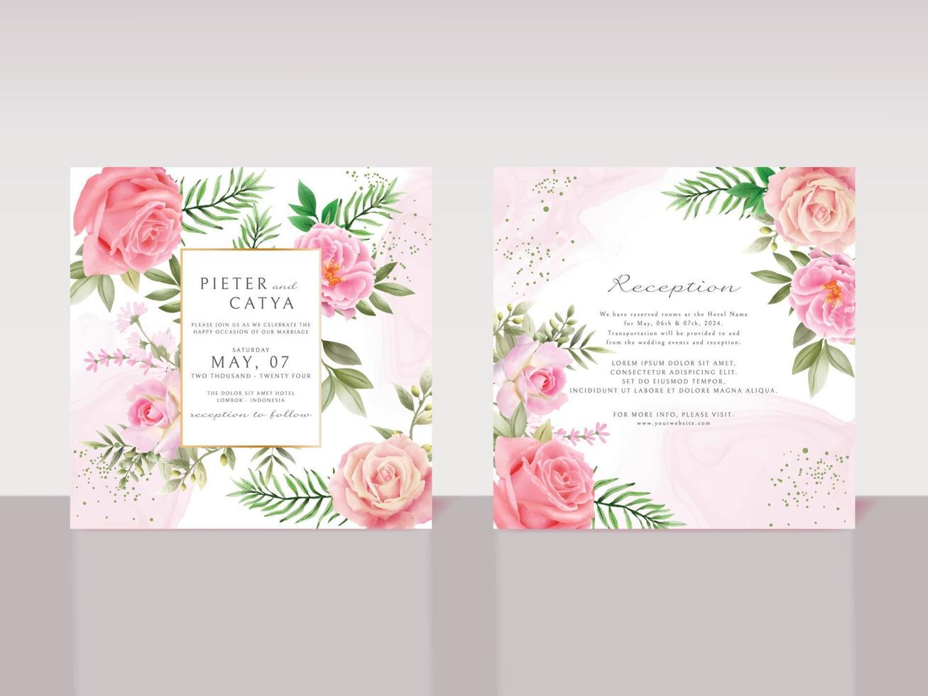 lindos cartões de convite de casamento em aquarela floral rosa vetor