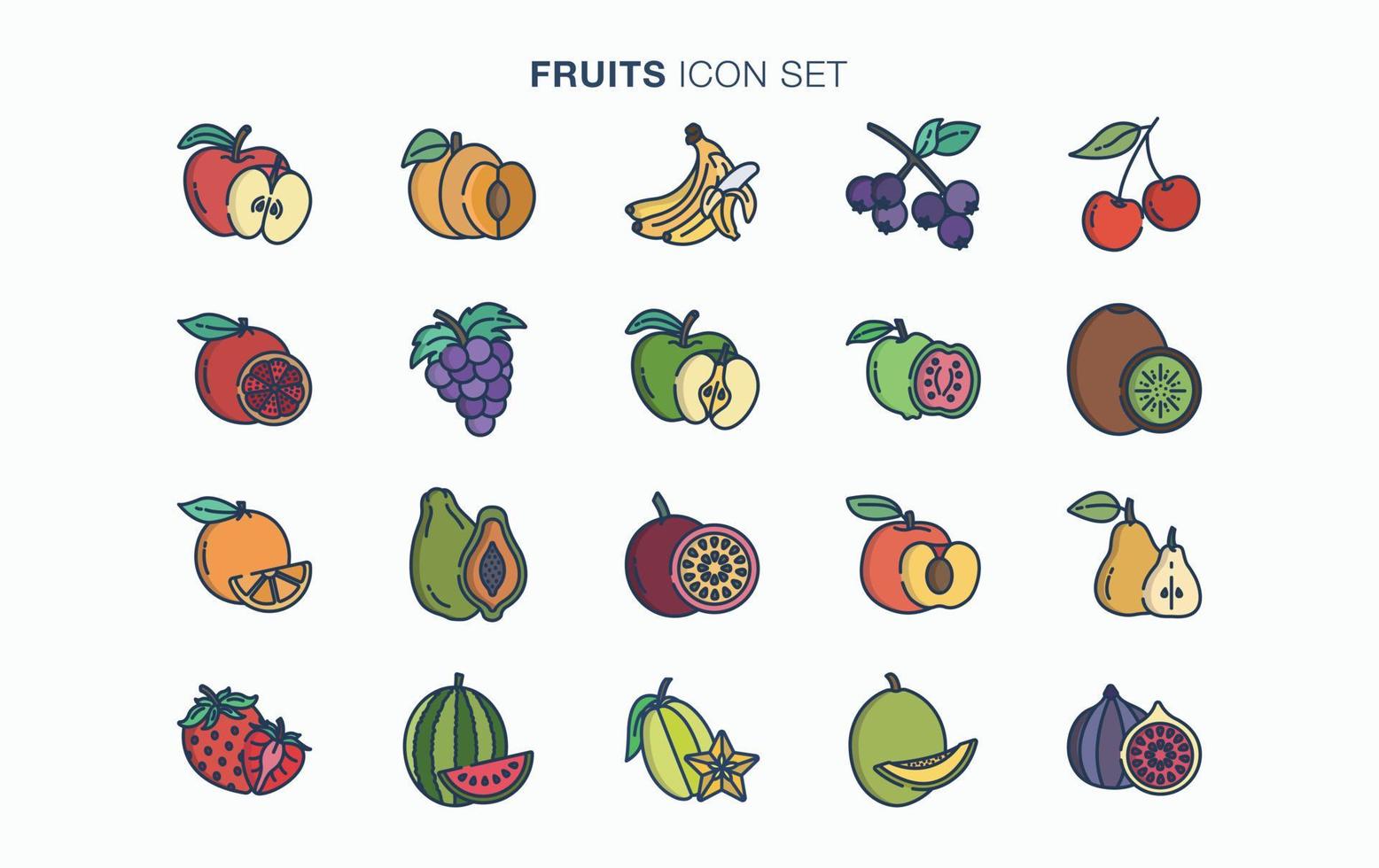 frutas frescas e conjunto de ícones de fatia vetor