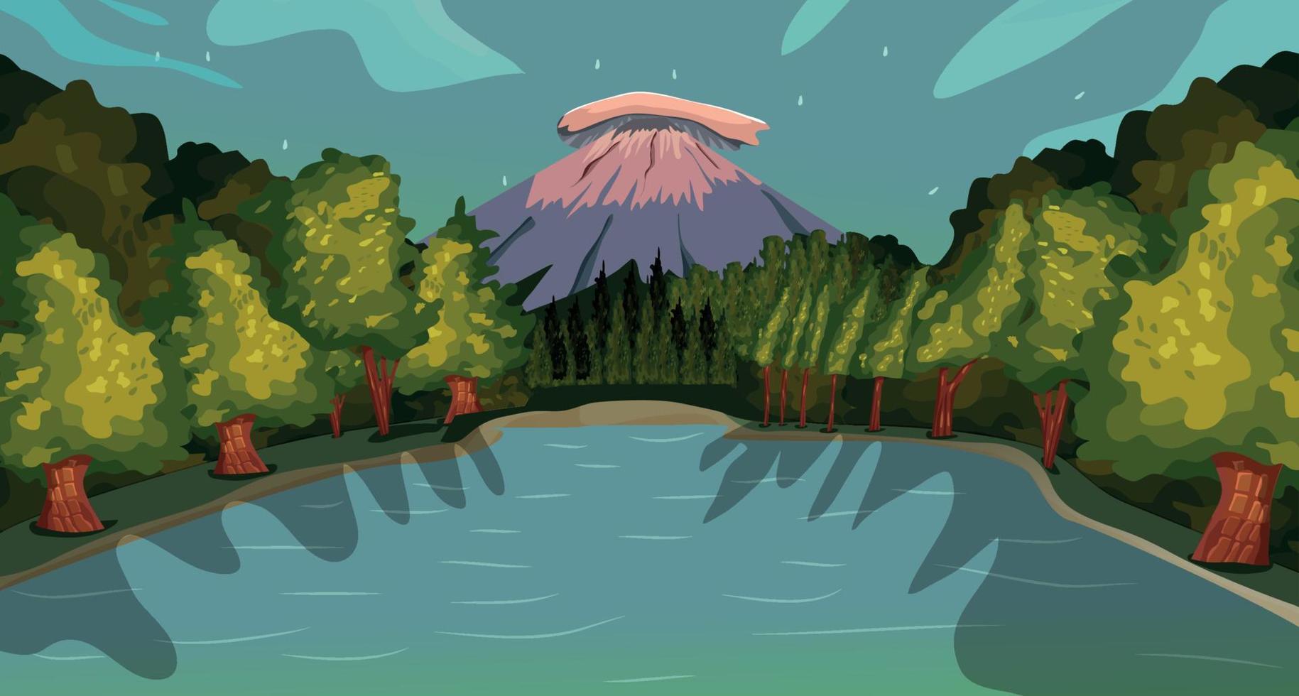 fundo de um jogo 2d, um belo lago natural no meio da floresta e altas montanhas vetor