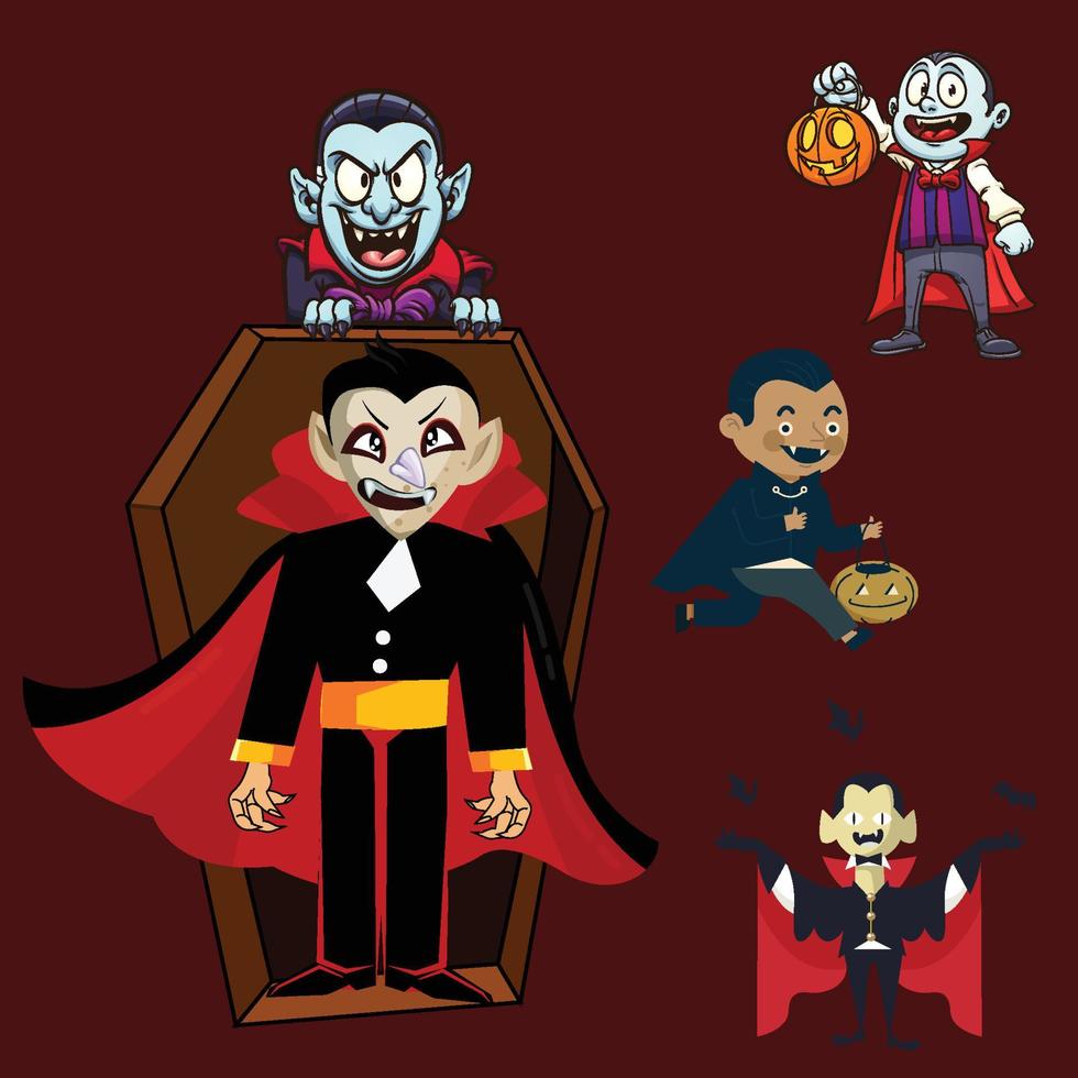 personagem de desenho animado de vampiro na capa, conjunto de cinco poses vetor