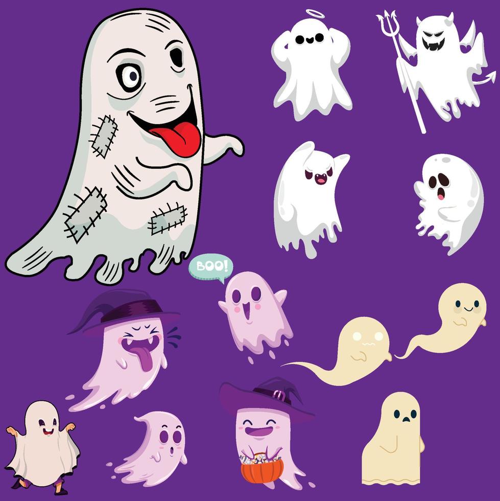 fantasmas fofos com diferentes expressões faciais vetor