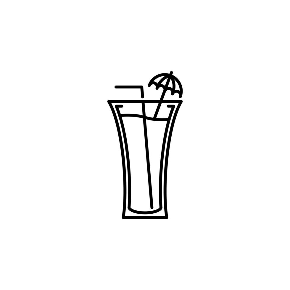 ícone de vidro de refrigerante com enfeite de palha e guarda-chuva em fundo branco. simples, linha, silhueta e estilo clean. Preto e branco. adequado para símbolo, sinal, ícone ou logotipo vetor