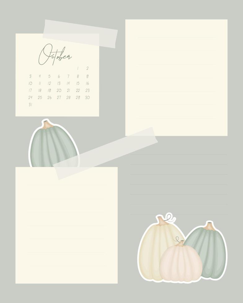 lembretes calendário outubro 2022 colagem vintage para lembrete de notas para fazer lista de adesivos de scrapbooking com abóboras. vetor