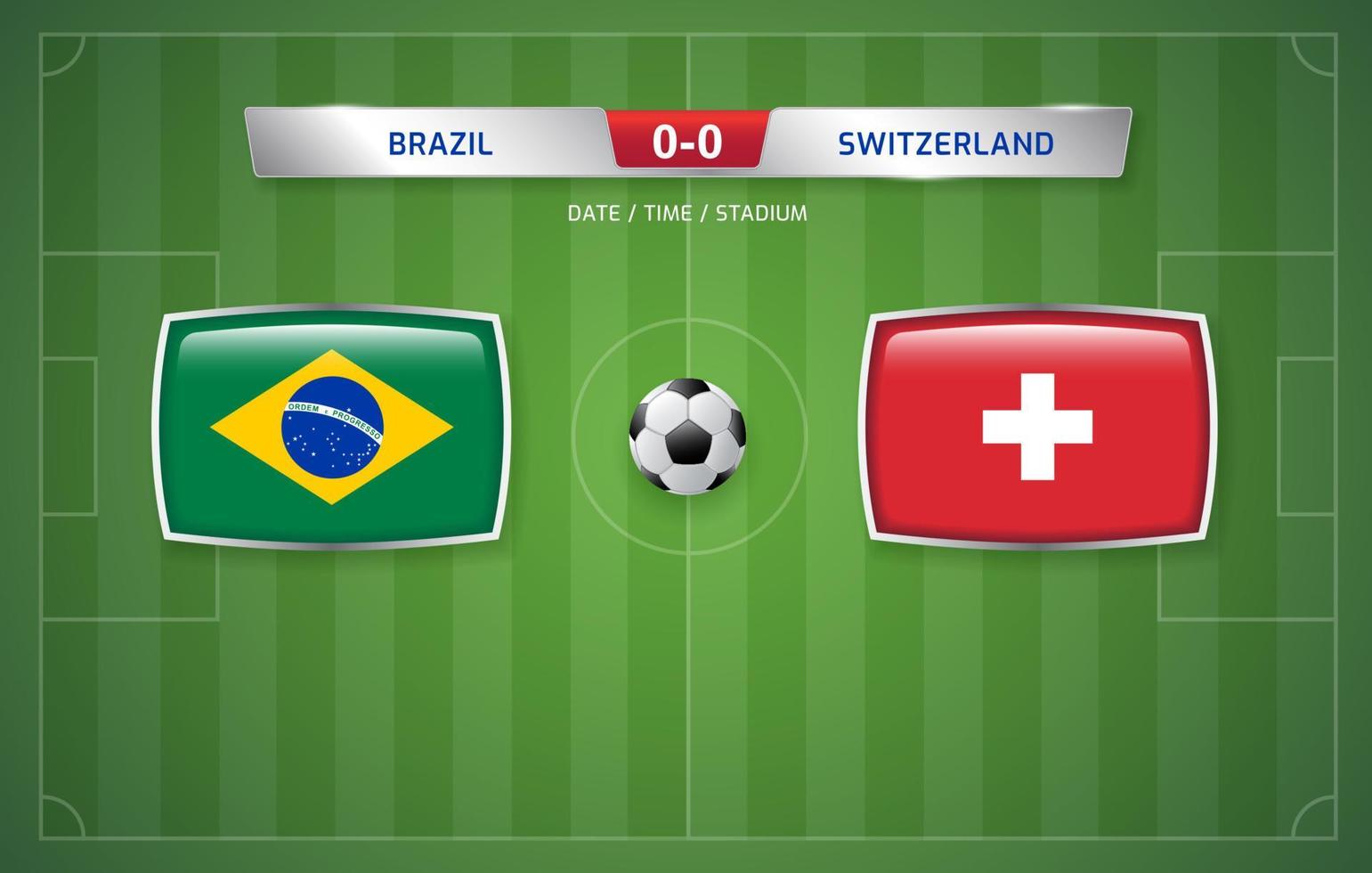 modelo de transmissão de placar brasil vs suíça para torneio de futebol esportivo 2022 e ilustração vetorial de campeonato de futebol vetor