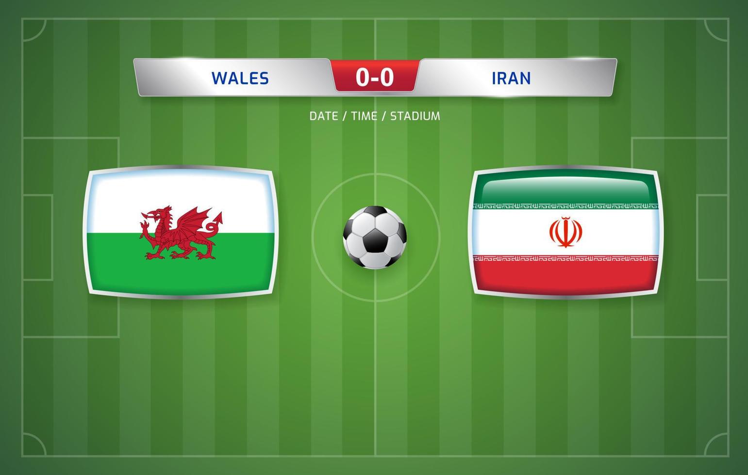 modelo de transmissão de placar de gales vs irã para torneio de futebol esportivo 2022 e ilustração vetorial de campeonato de futebol vetor