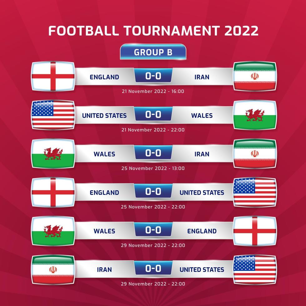 futebol 2022 e torneio de campeonato de futebol no catar - grupo b inglaterra irã estados unidos gales ilustração vetorial vetor
