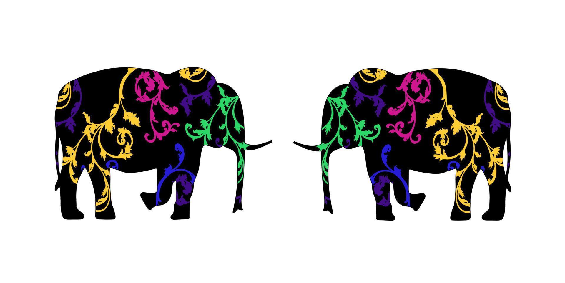 silhueta de dois elefantes com ornamentos decorativos vetor