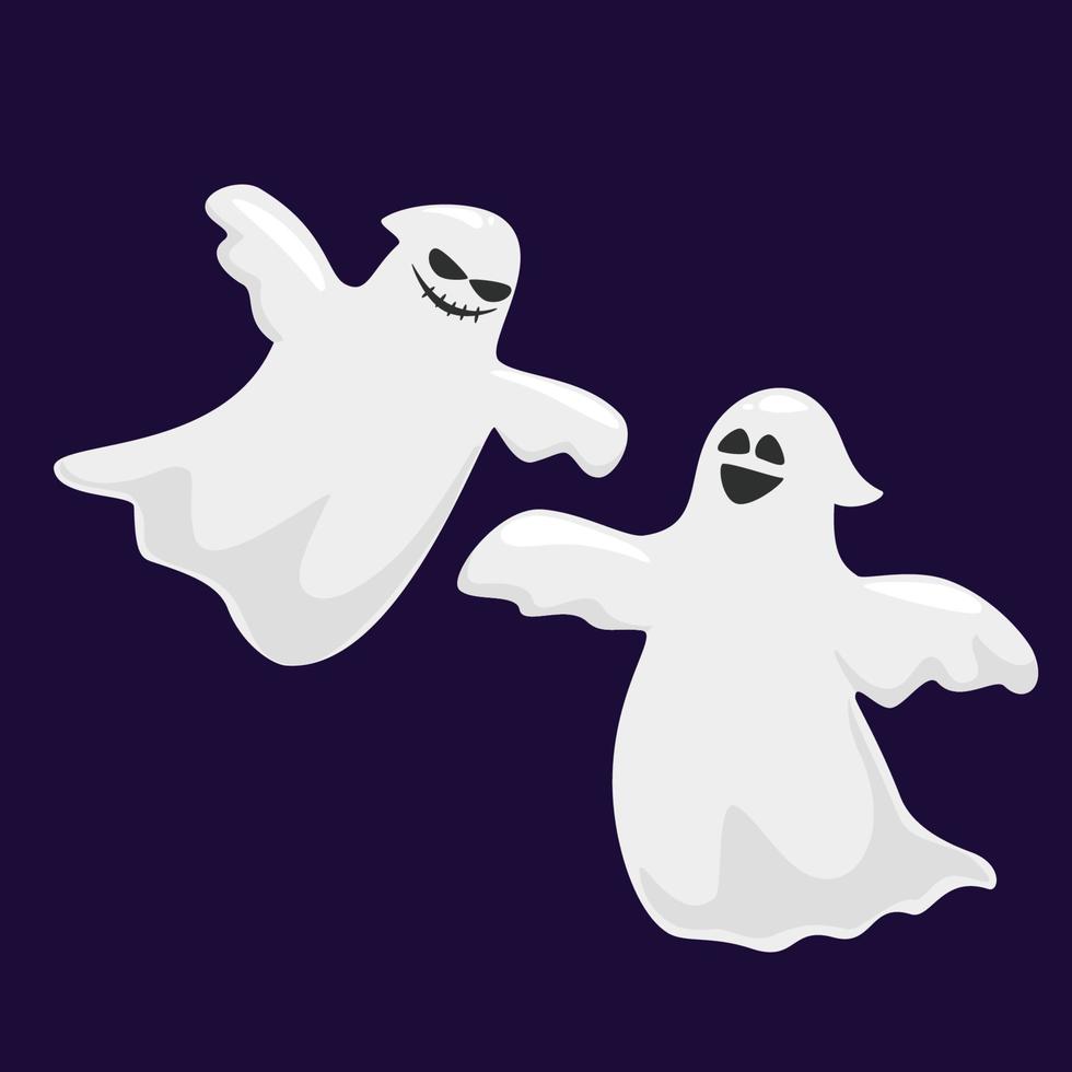 dois fantasmas fofos de halloween isolados em fundo escuro. personagem fofo engraçado assustador. festa comemorar o feriado da noite de halloween. ilustração vetorial. vetor
