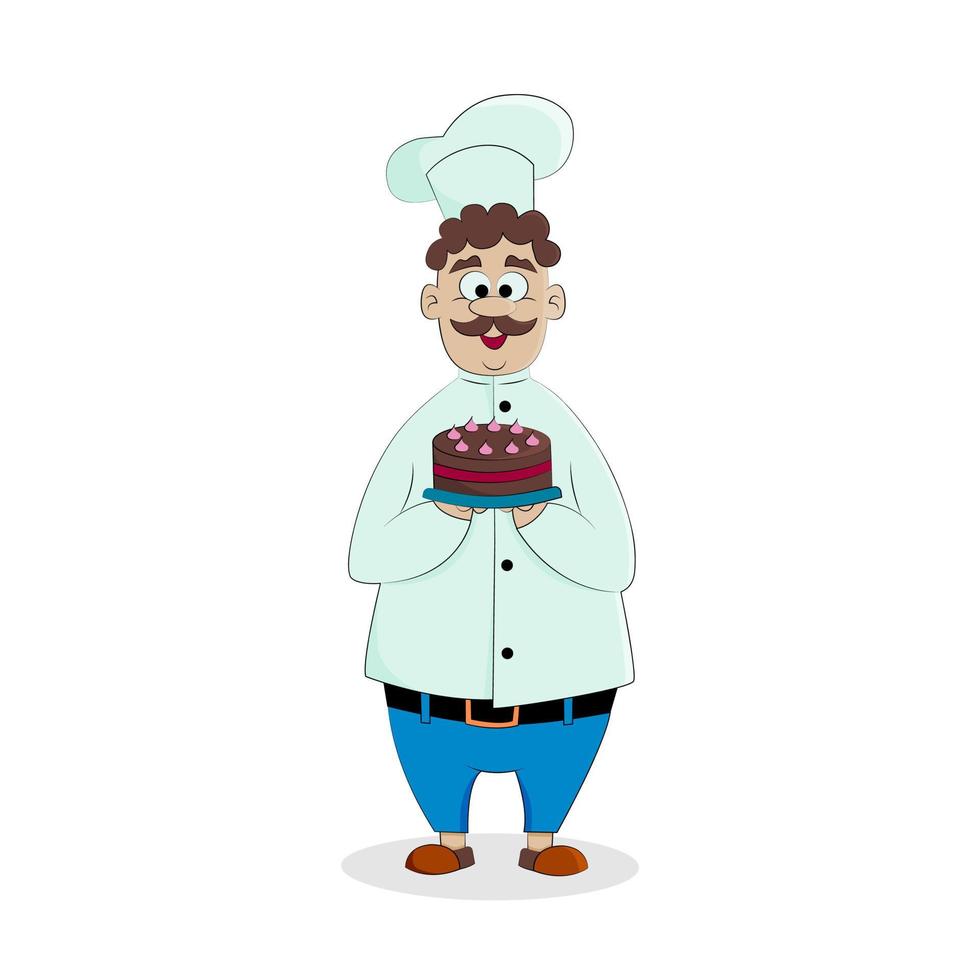 um chef alegre carregando um bolo de túnica e boné. ilustração vetorial isolada em estilo cartoon. vetor