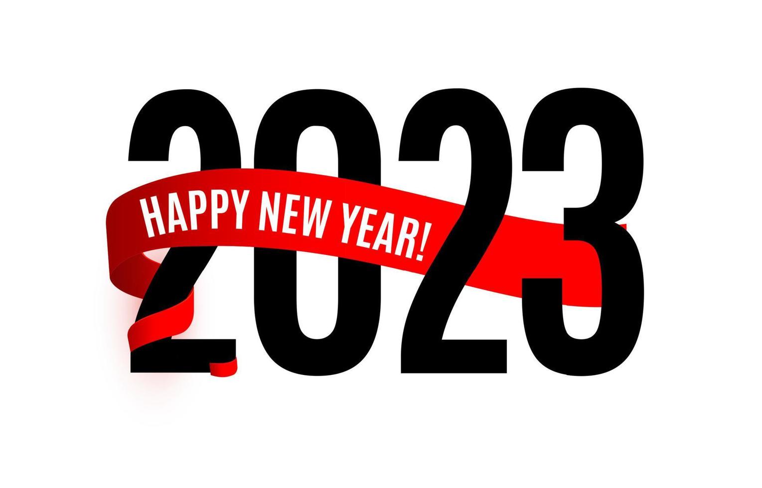 Números de 2023 com fita vermelha. cartaz de evento de feliz ano novo, capa de cartão de saudação, design de calendário 2023, convite para comemorar o ano novo e o natal. ilustração vetorial. vetor