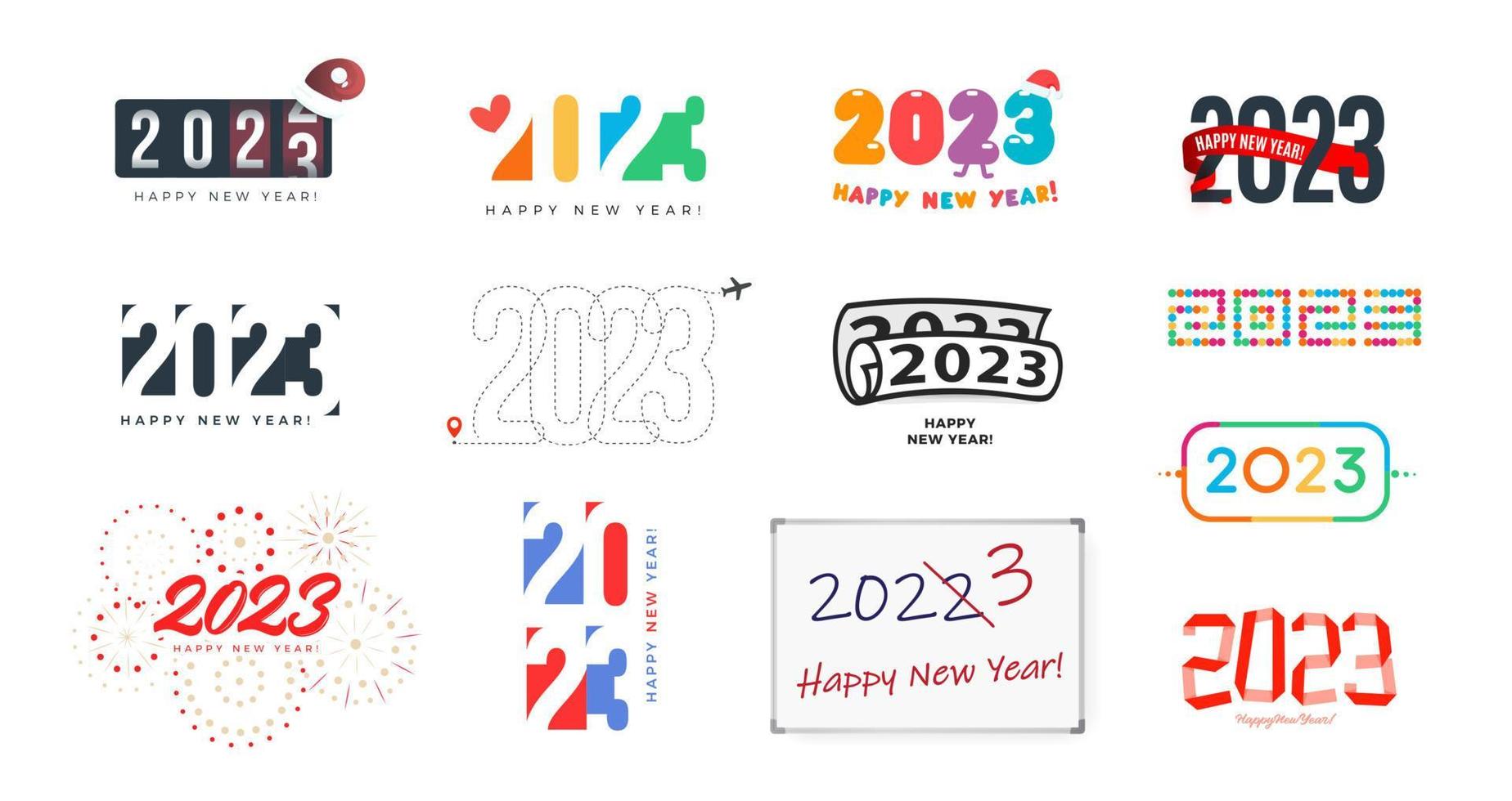 Símbolos diversos de ano novo de 2023 definidos para decoração de eventos de 2023, gráfico de logotipo, conceito de emblema criativo para banner, folheto, panfleto, calendário, cartão de felicitações, convite para evento. logotipo de vetor isolado.